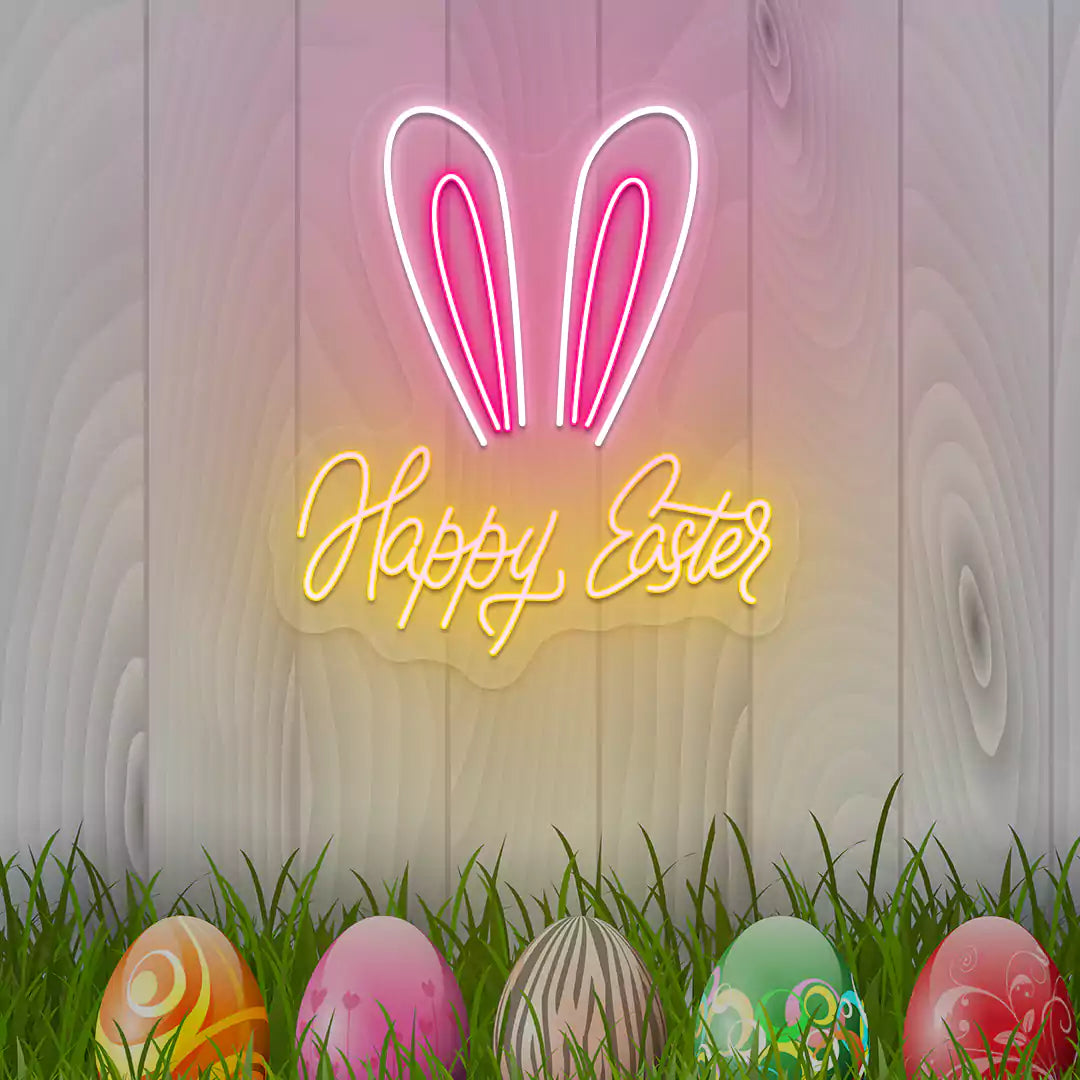 Bunny Ear Happy Easter Neon Sign in Orange