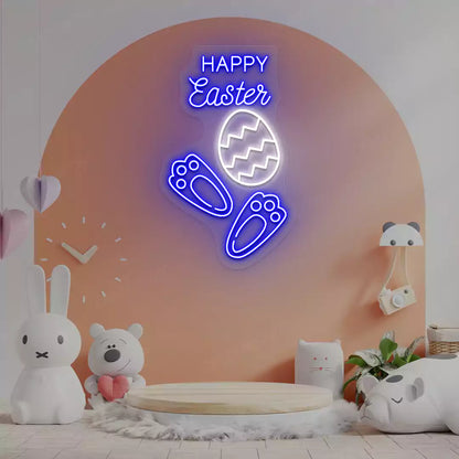 Happy Easter Egg Bunny Feet Neon Sign in Blue color