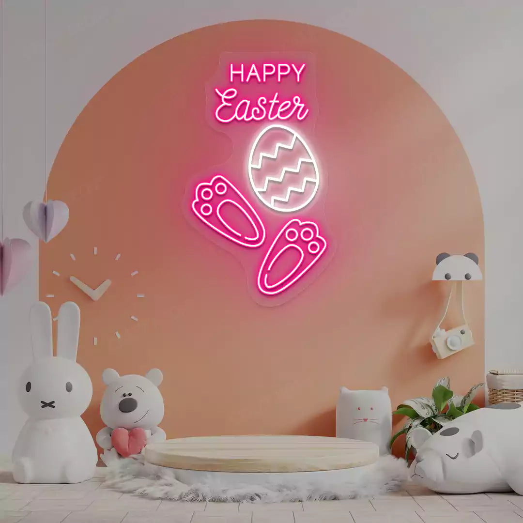 Happy Easter Egg Bunny Feet Neon Sign in Pink color