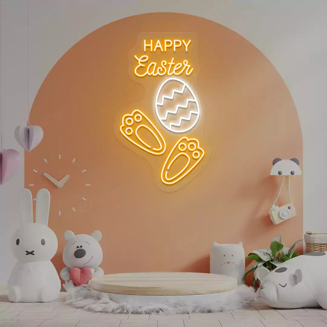 Happy Easter Egg Bunny Feet Neon Sign in Orange color