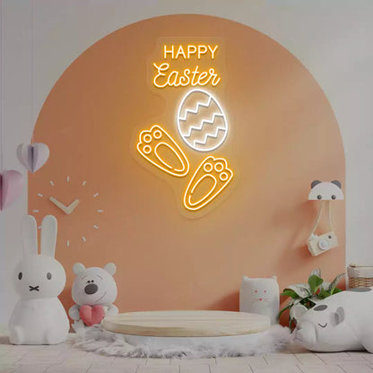 Happy Easter Egg Bunny Feet Neon Sign in Orange color