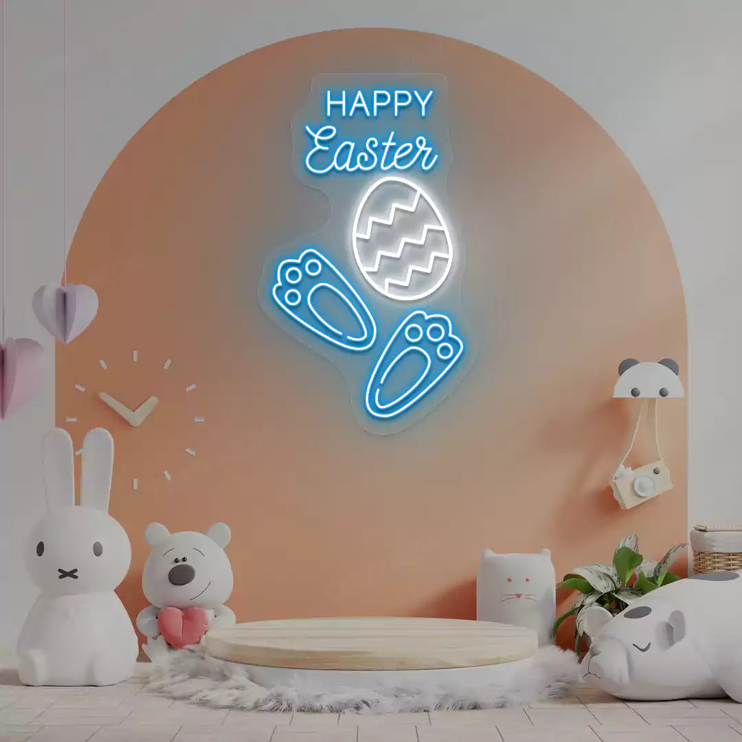 Happy Easter Egg Bunny Feet Neon Sign in Iceblue color