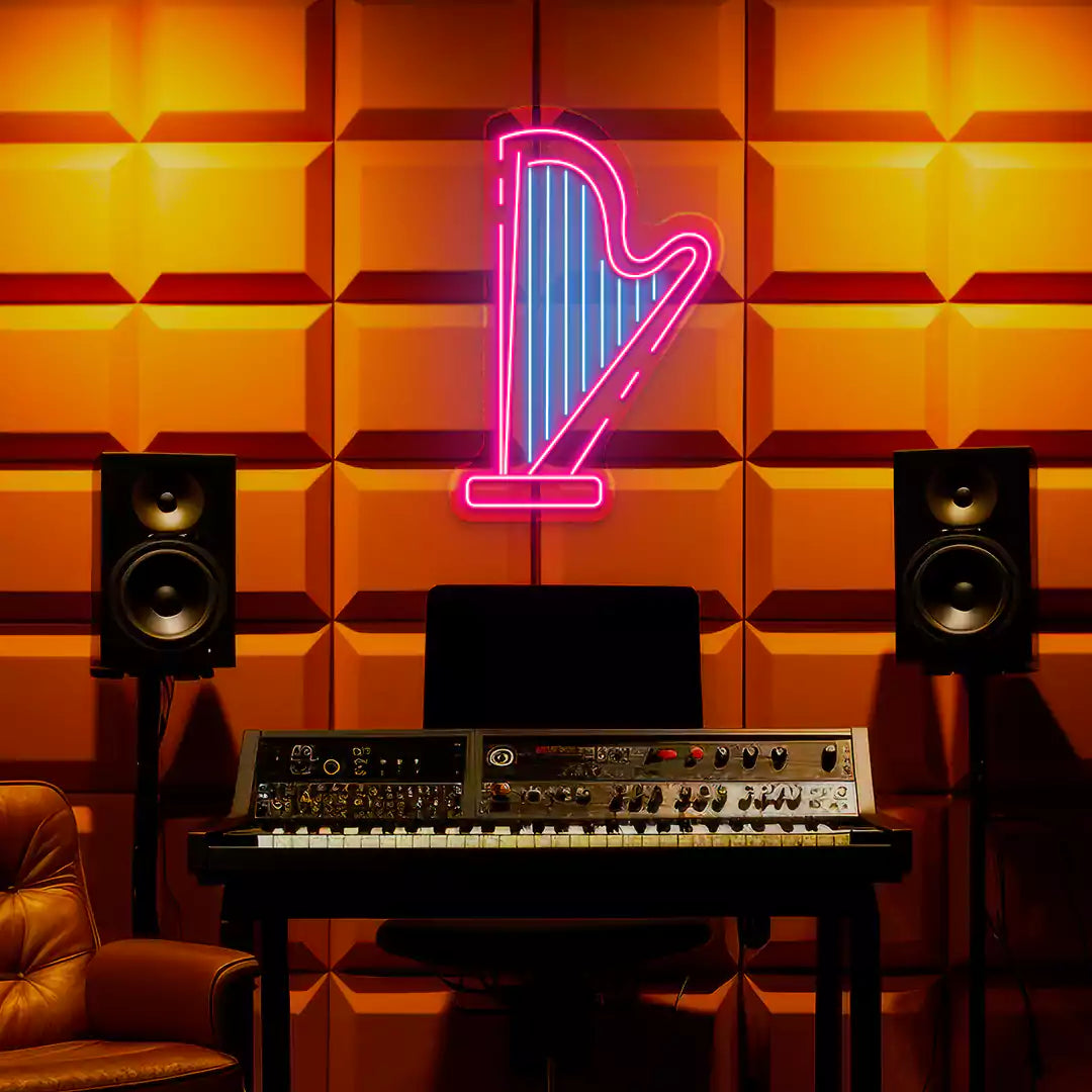 Harp Neon Sign in Ice Blue and Pink colour mounted on wall 