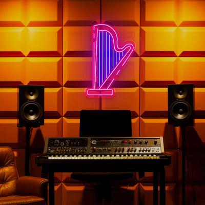 Harp Neon Sign in Blue and Pink colour mounted on wall 