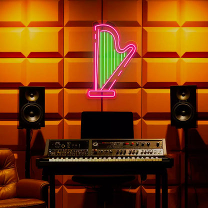 Harp Neon Sign in Green and Pink colour mounted on wall 