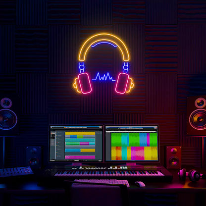 multi color headphones neon sign mounted on a wall