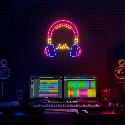 multi color headphones neon sign mounted on a wall