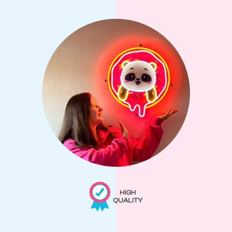 High-quality neon sign featuring a vibrant panda donut design, perfect for playful and colorful wall decor.