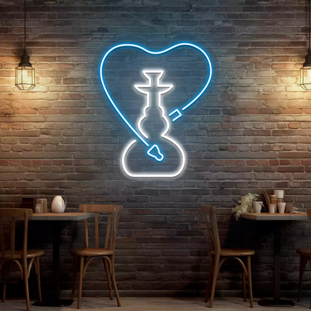 Hookah Heart Neon Sign in Iceblue and white color