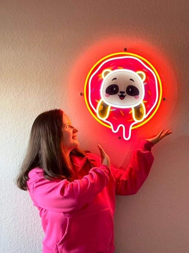 Cute Panda In The Donut Artwork Neon Sign