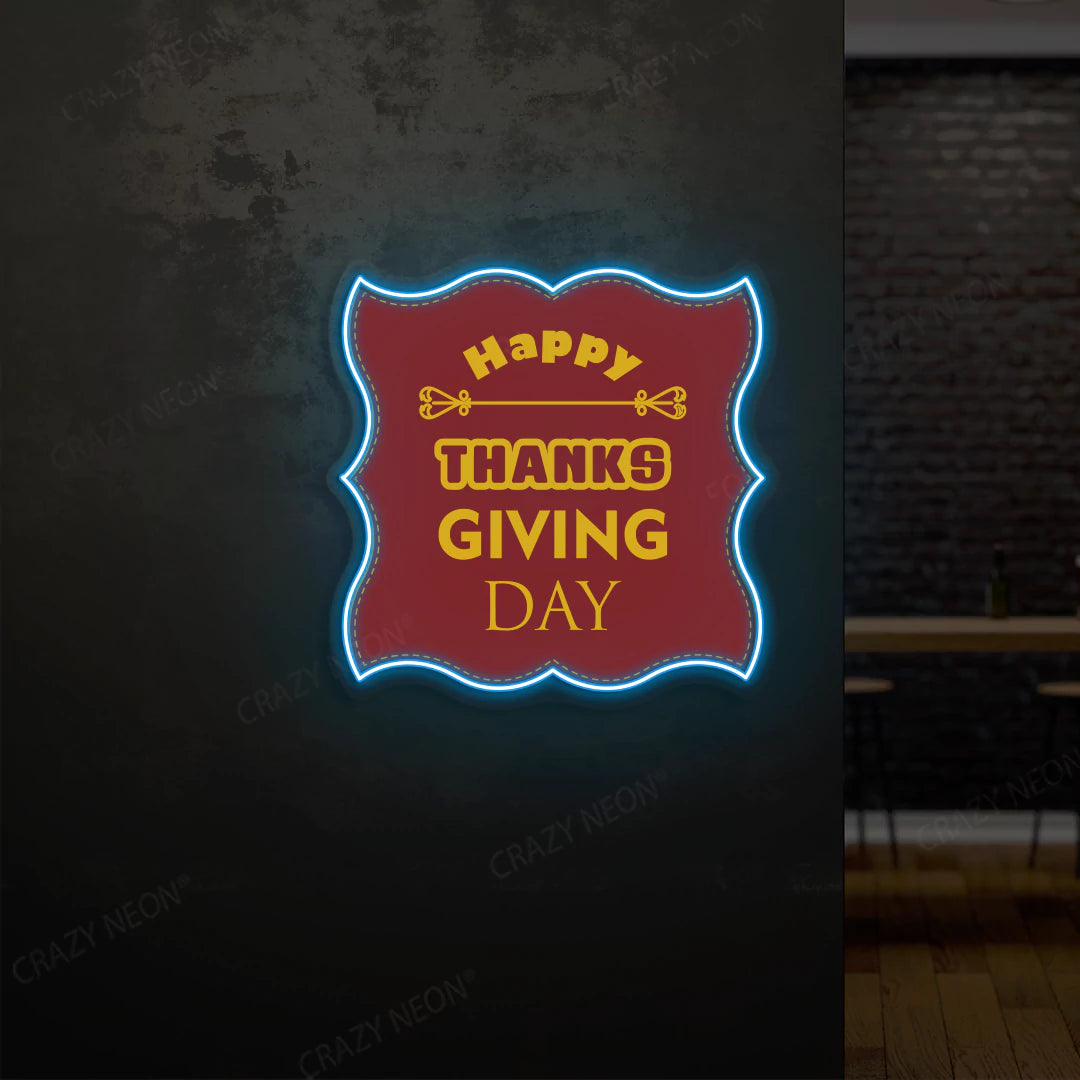 Grateful greetings happy thanksgiving day neon sign in ice blue