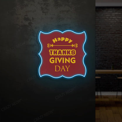 Grateful greetings happy thanksgiving day neon sign in ice blue