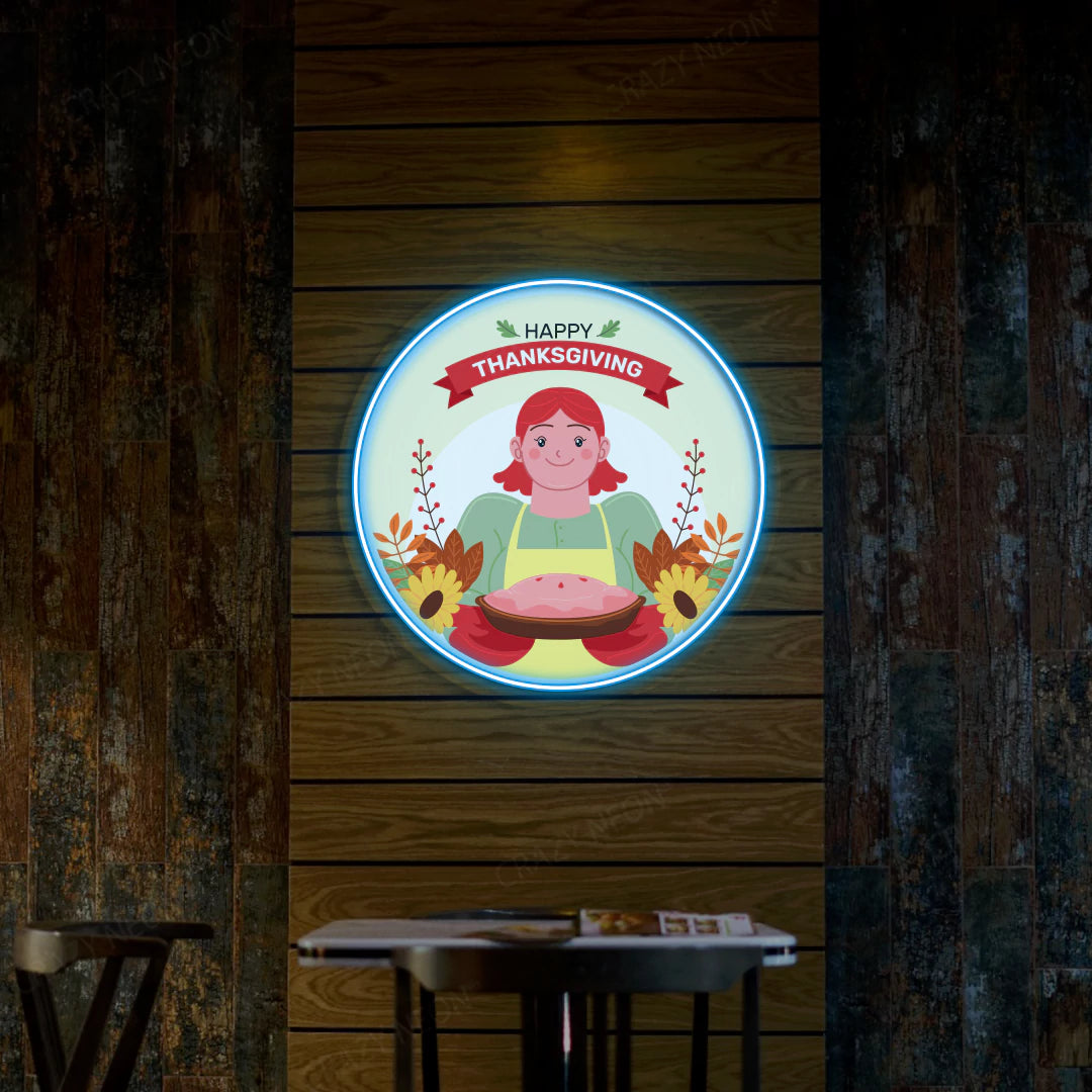 Thanksgiving pie with red-haired chef neon sign in ice blue