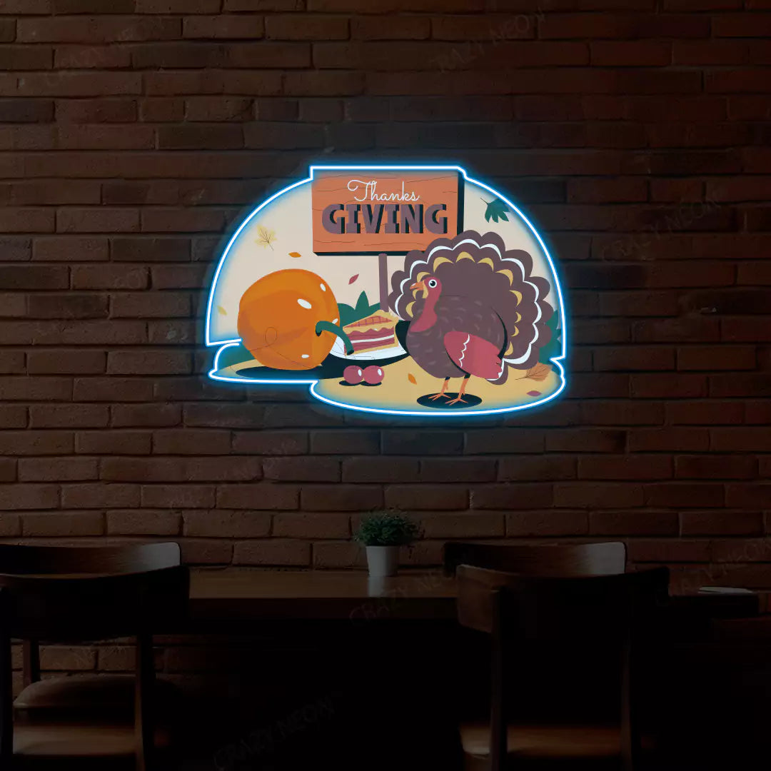Thanksgiving turkey and pumpkin feast neon sign in ice blue