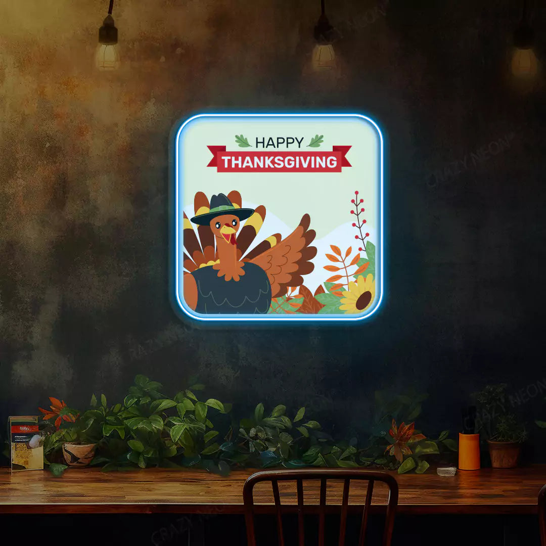 Turkey pilgrim happy thanksgiving neon sign in ice blue