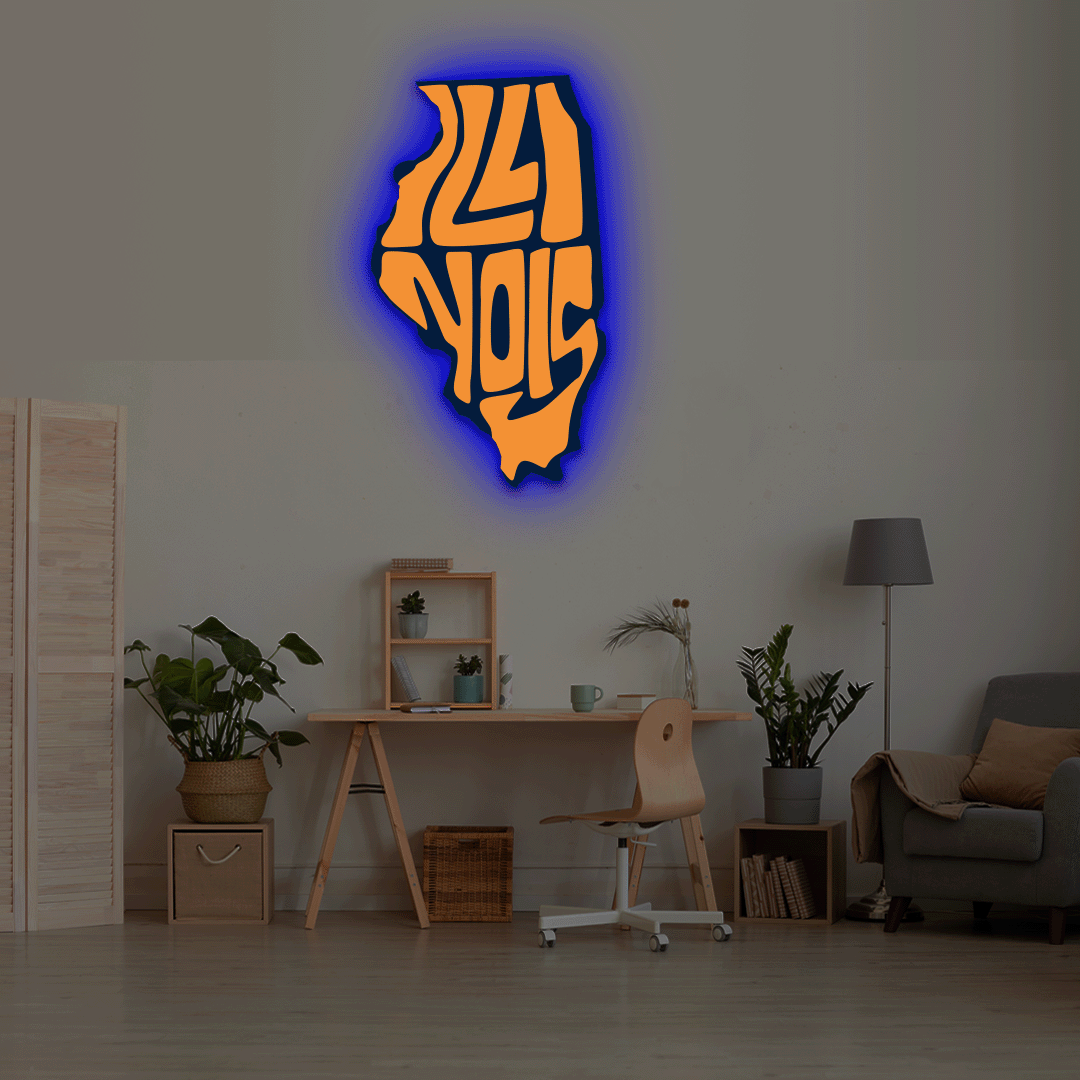 Illinois map backlit metal wall art vinyl print with RGB color changing LED backlight
