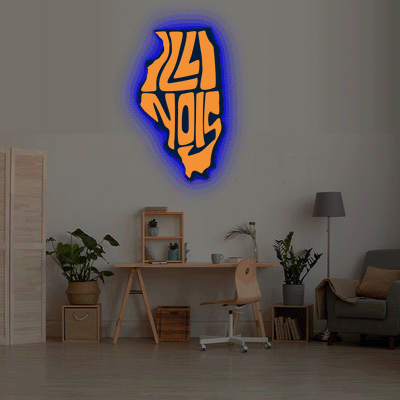 Illinois map backlit metal wall art vinyl print with RGB color changing LED backlight
