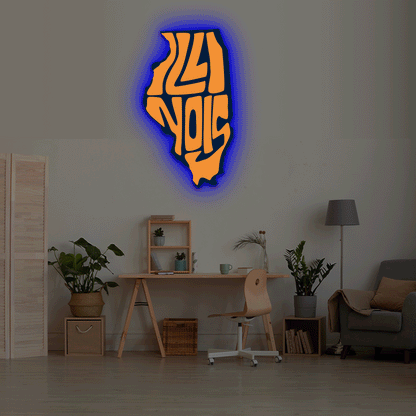 Illinois map backlit metal wall art vinyl print with RGB color changing LED backlight
