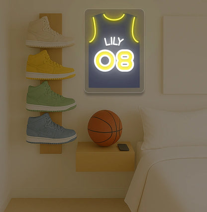 Indiana basketball jersey neon sign with LILY 08 in yellow and navy, bedroom sneaker rack and basketball decor