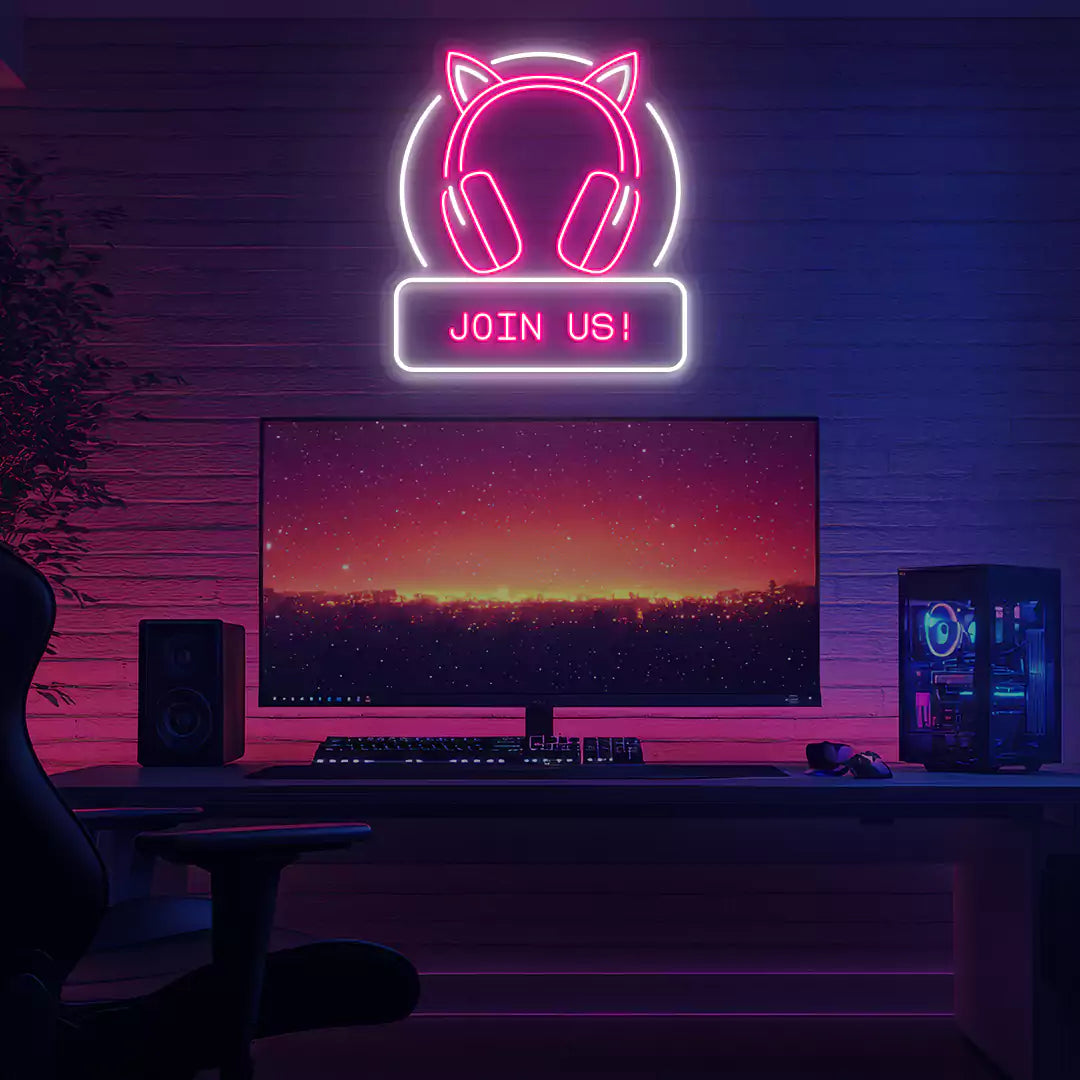 Cat Ear Headphone Join Us Neon Sign in Pink color