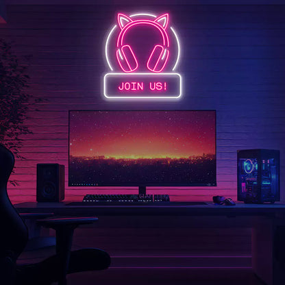 Cat Ear Headphone Join Us Neon Sign in Pink color