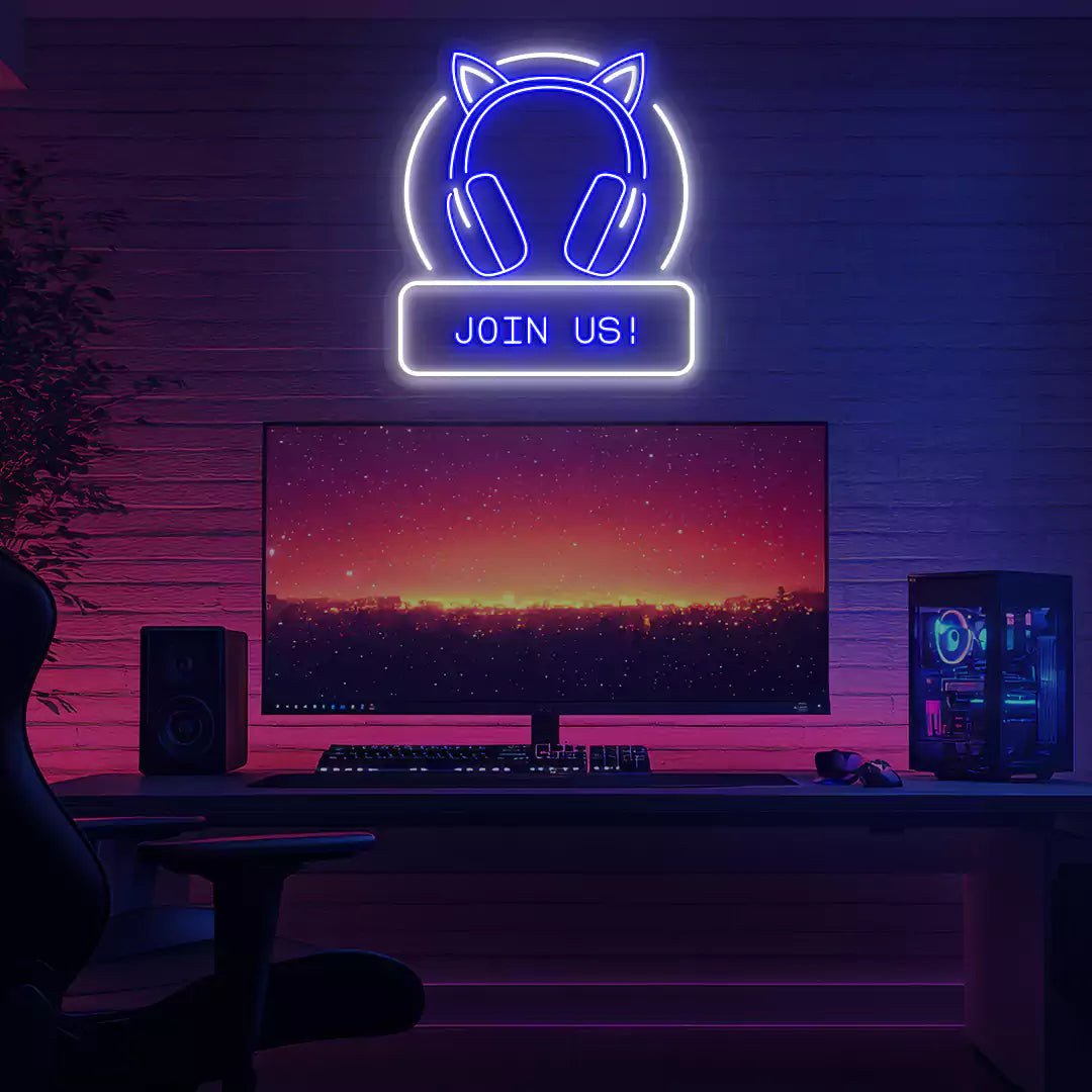 Cat Ear Headphone Join Us Neon Sign in Blue color