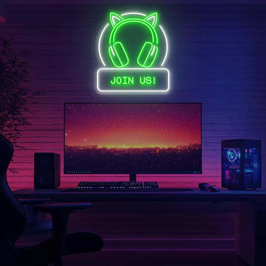 Cat Ear Headphone Join Us Neon Sign in Green color