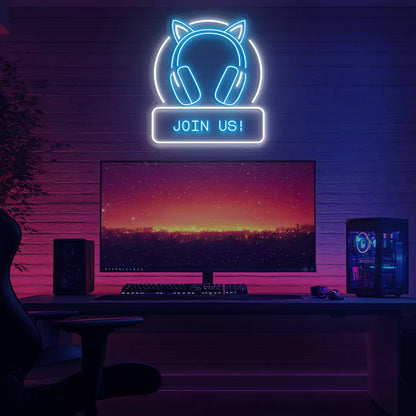 Cat Ear Headphone Join Us Neon Sign in Iceblue Color
