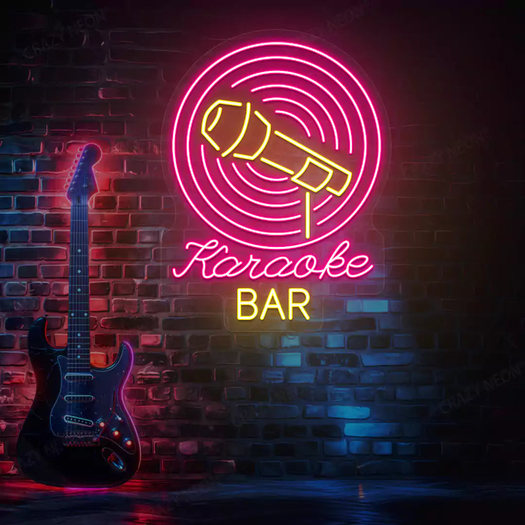 Karaoke Bar Neon Sign in Yellow and Pink Colour mounted on wall 