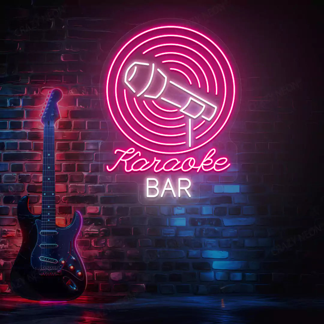 Karaoke Bar Neon Sign in White and Pink Colour mounted on wall 