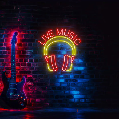 Live Music In Headphones Neon Sign in Red and Yellow Colour mounted on wall 