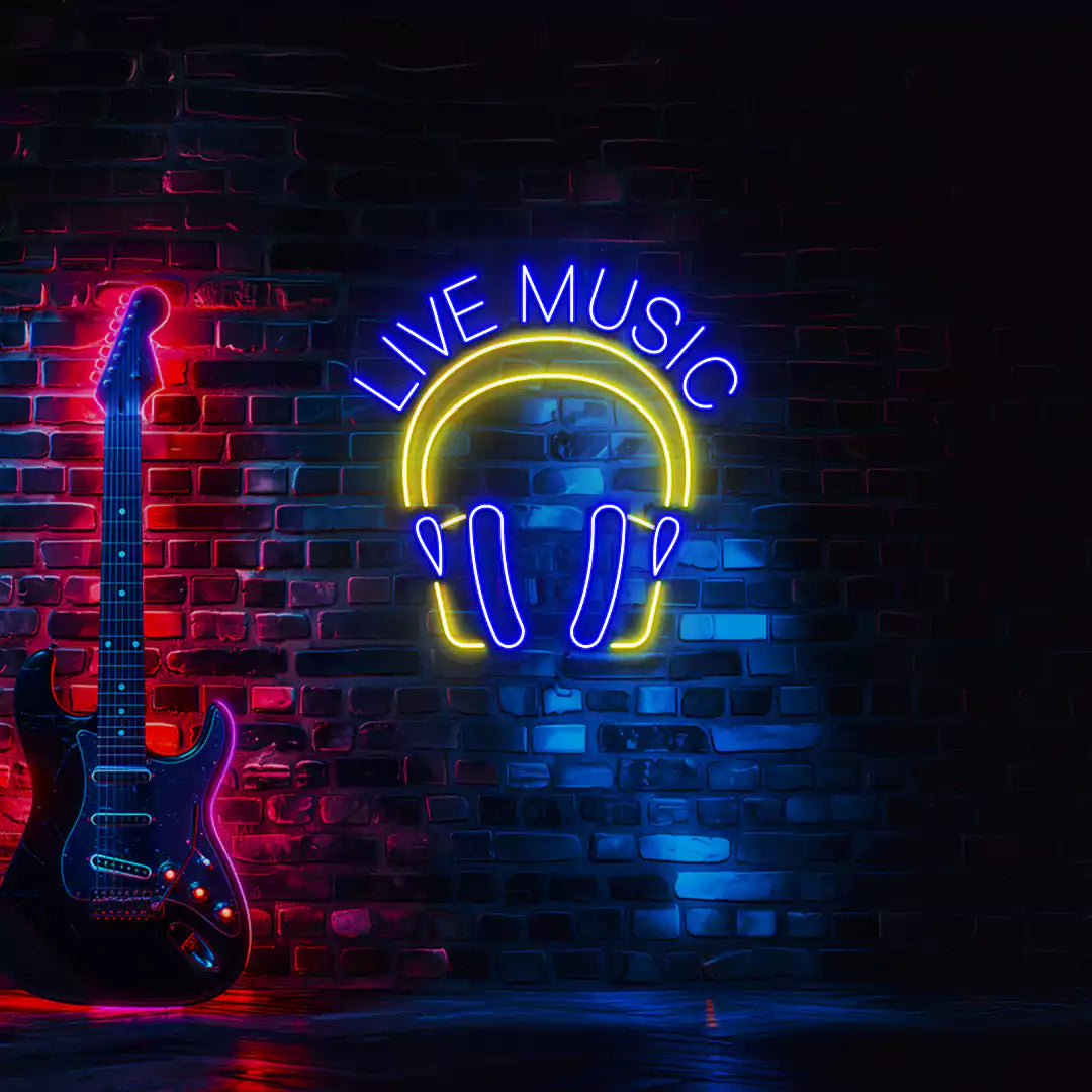 Live Music In Headphones Neon Sign in Blue and Yellow Colour mounted on wall 