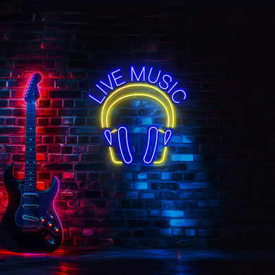 Live Music In Headphones Neon Sign in Blue and Yellow Colour mounted on wall 