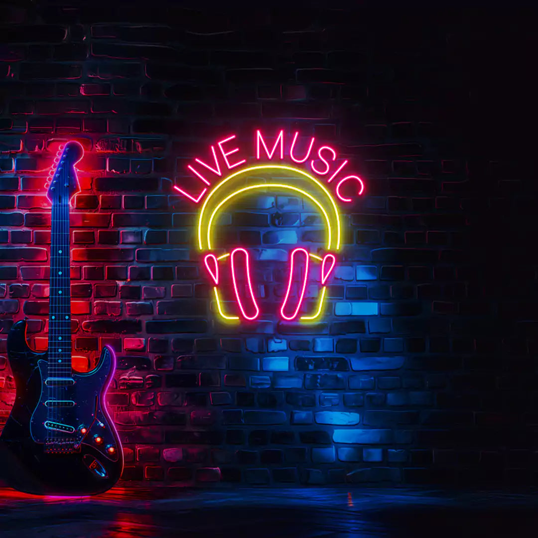 Live Music In Headphones Neon Sign in Pink and Yellow Colour mounted on wall 
