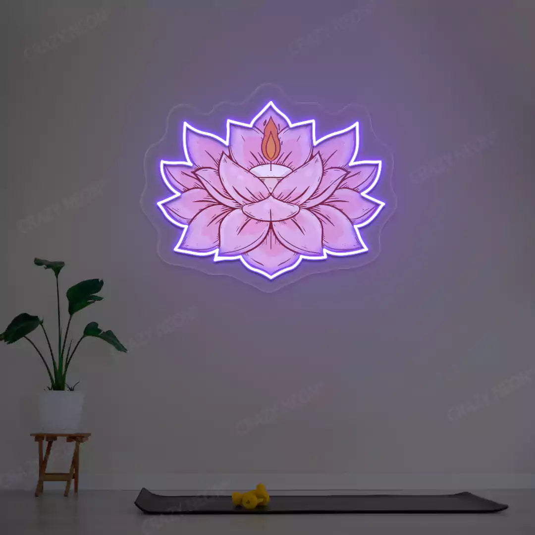 Lotus Candle Neon Artwork lighting up in purple color in a yoga room