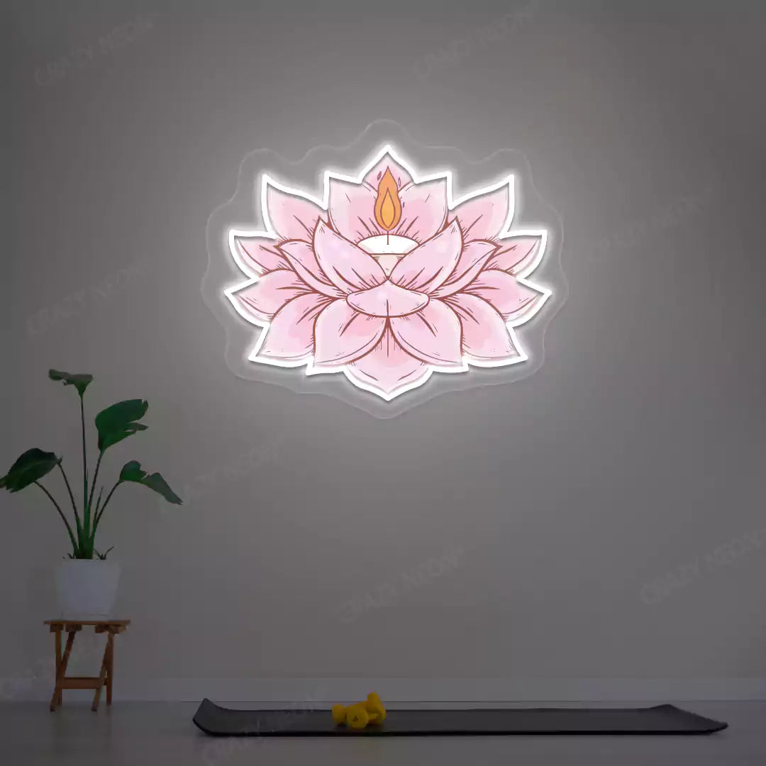 Lotus Candle Neon Artwork lighting up in white color in a yoga room
