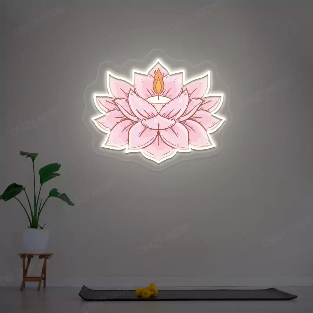 Lotus Candle Neon Artwork lighting up in warm white color in a yoga room