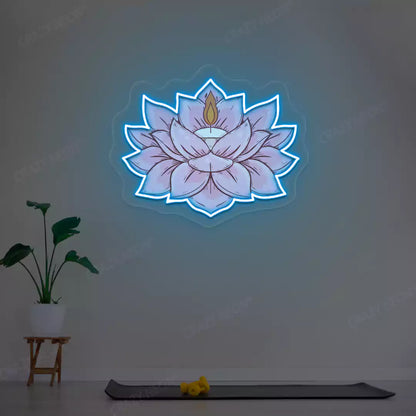 Lotus Candle Neon Artwork lighting up in iceblue color in a yoga room