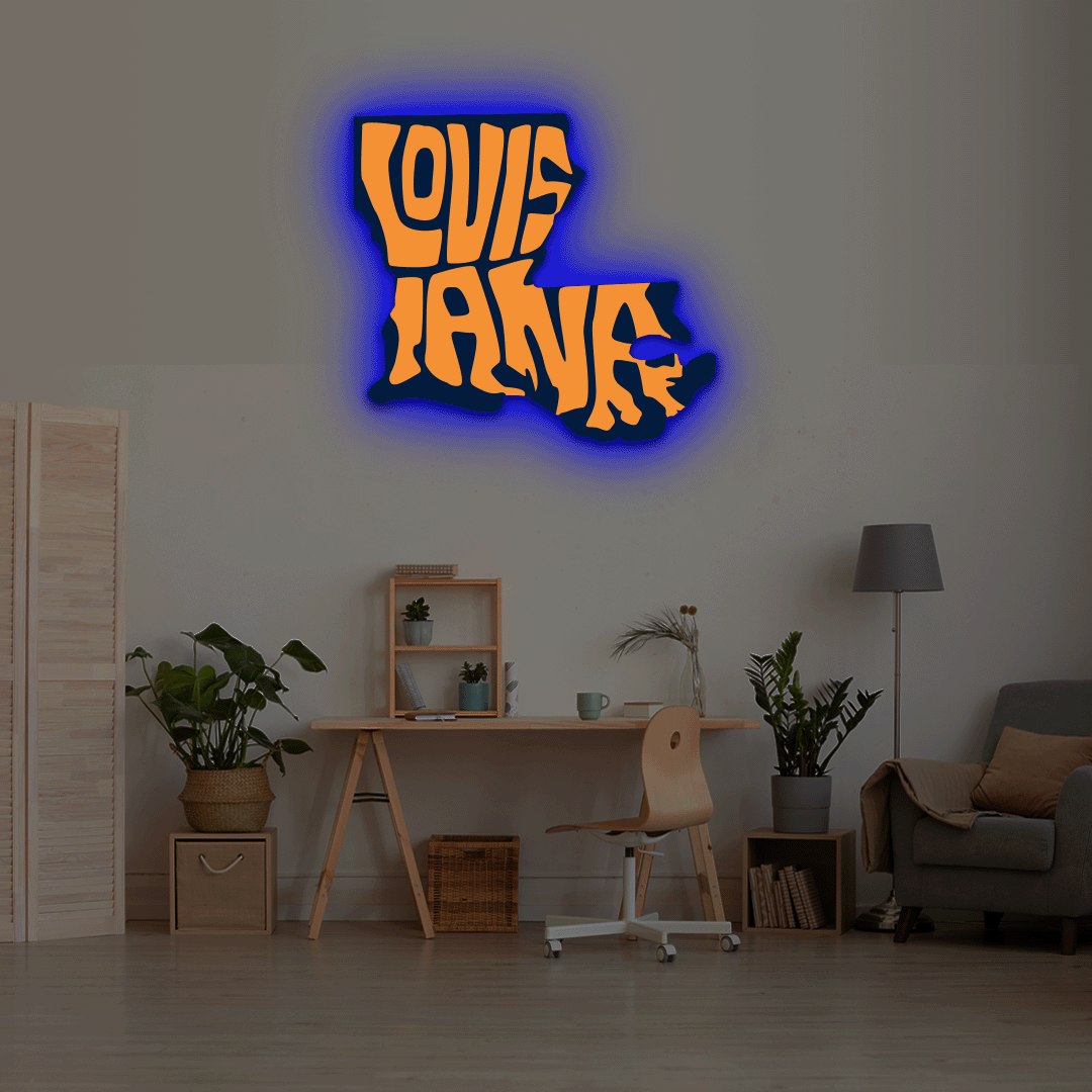 Louisiana map backlit metal wall art vinyl print with RGB color changing LED backlight
