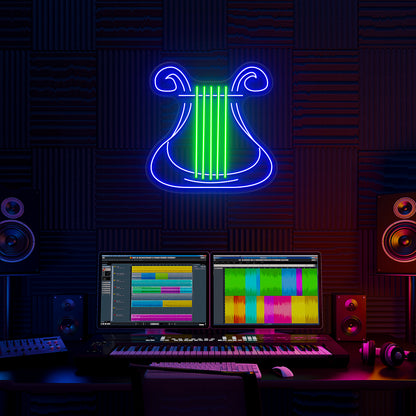 Lyre Neon Sign in Green and Blue colour mounted on wall 