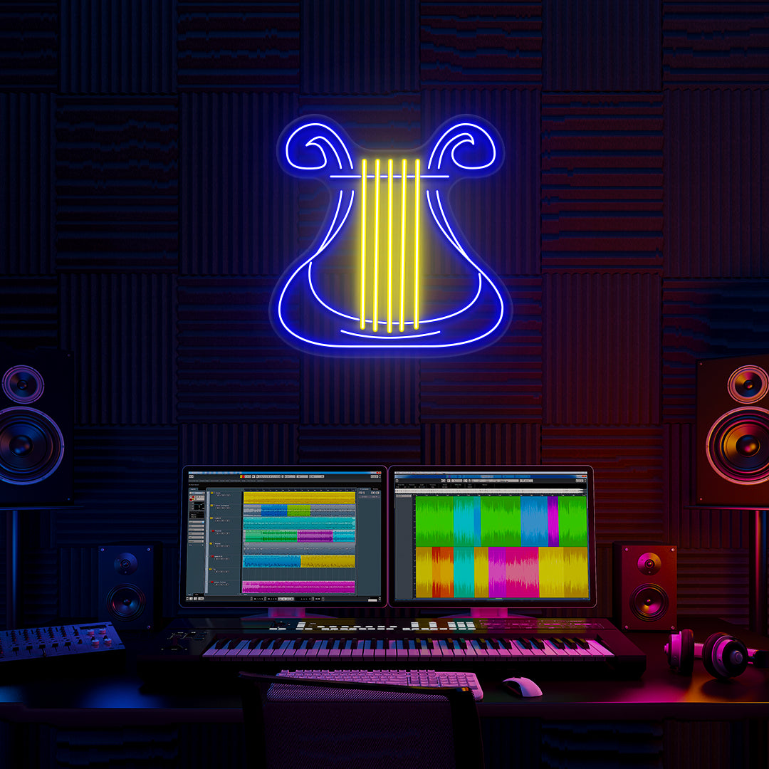 Lyre Neon Sign in Yellow and Blue colour mounted on wall 