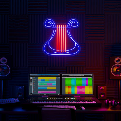 Lyre Neon Sign in Red and Blue colour mounted on wall 