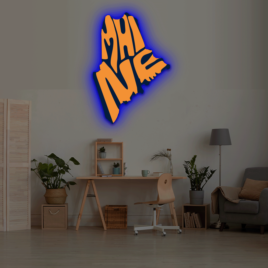 Maine map backlit metal wall art vinyl print with RGB color changing LED backlight
