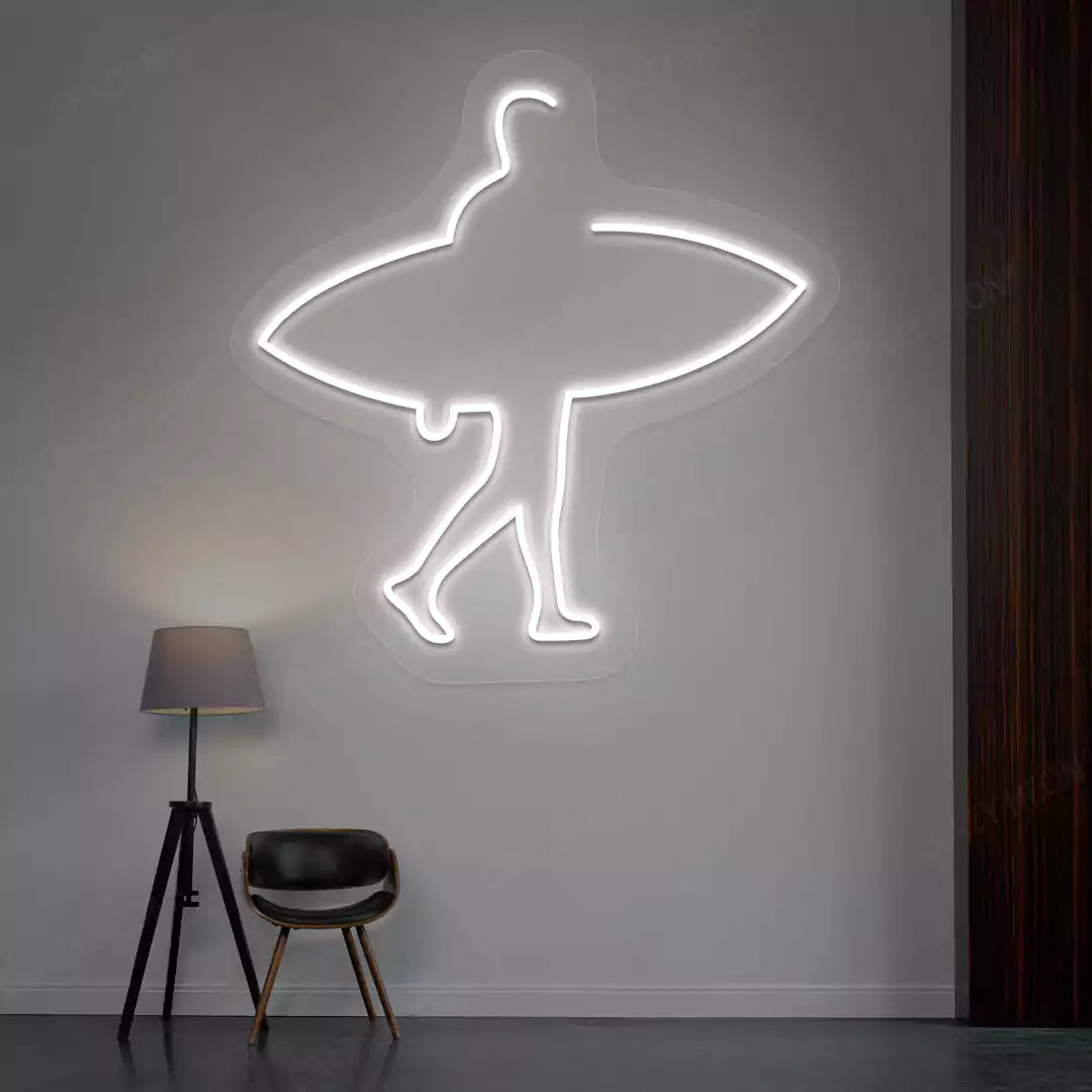 white man surfer neon sign mounted on a wall