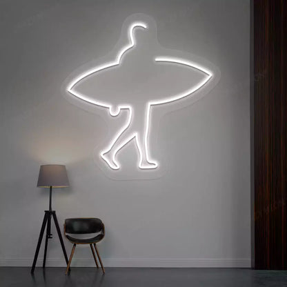white man surfer neon sign mounted on a wall