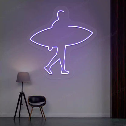 purple man surfer neon sign mounted on a wall
