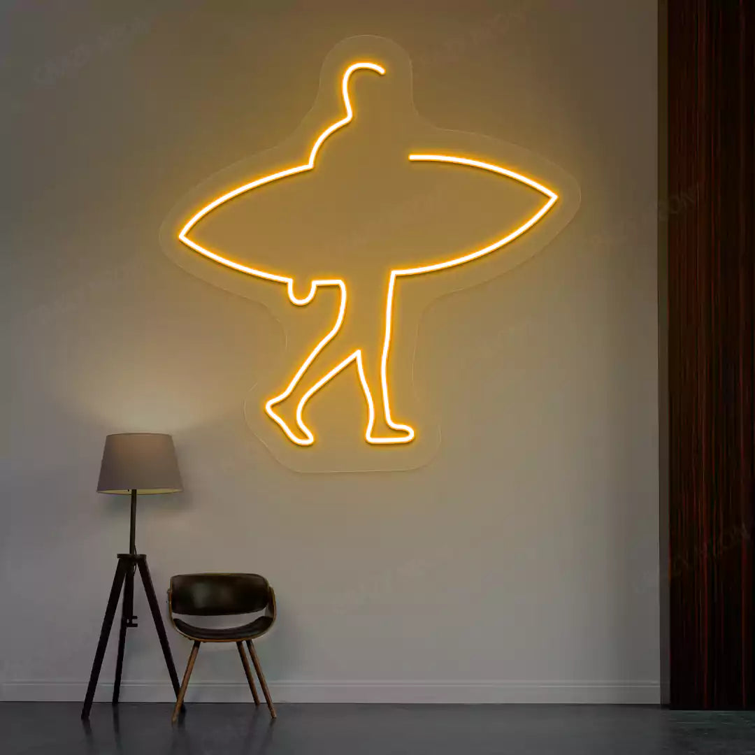 orange man surfer neon sign mounted on a wall