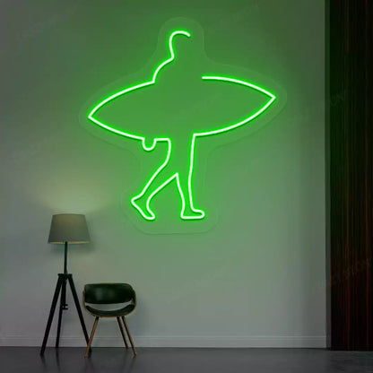 green man surfer neon sign mounted on a wall