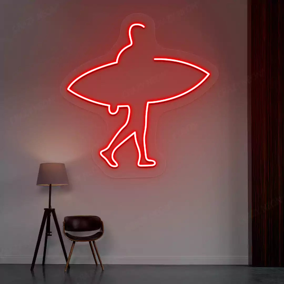 red man surfer neon sign mounted on a wall