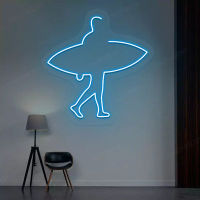 ice blue man surfer neon sign mounted on a wall